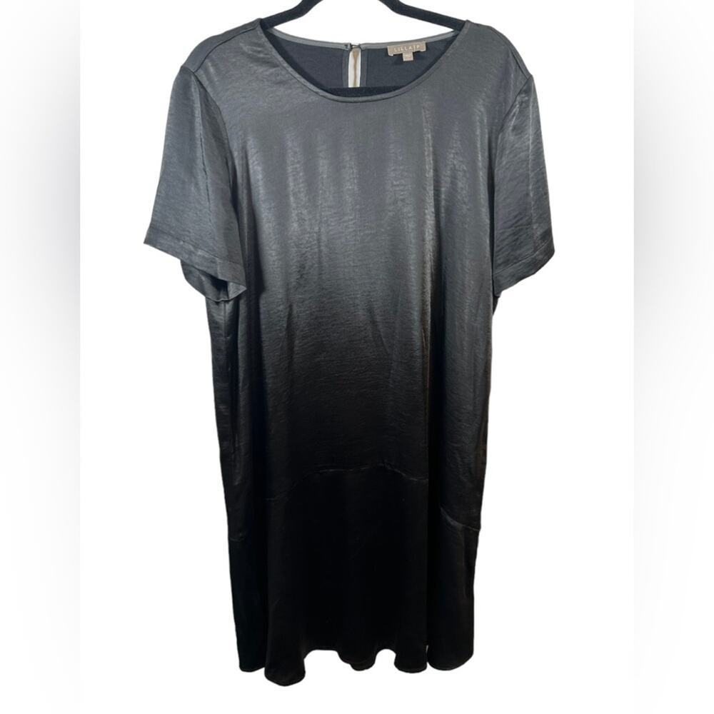 Lilla P Womens Black Satin Short Sleeve Shift Mini Dress Large Crew Neck Keyhole